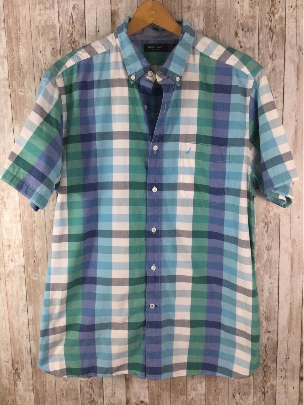Nautica Mens Plaid Short Sleeve Button Down Shirt Size L Pastel 100% Cotton
